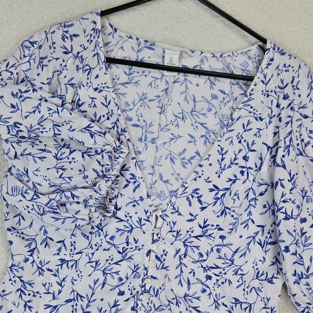 H&M Women Floral Puff Sleeve Linen Blend Crop Top L Blue White Boho Cottagecore‎
